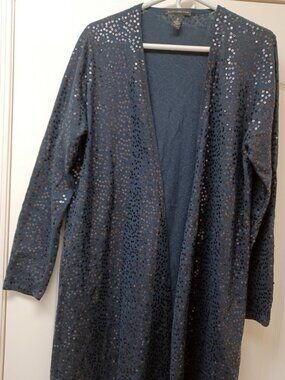 Chico's Black Label Navy Sequin Duster Cardigan Sweater Sz 2, 12, L